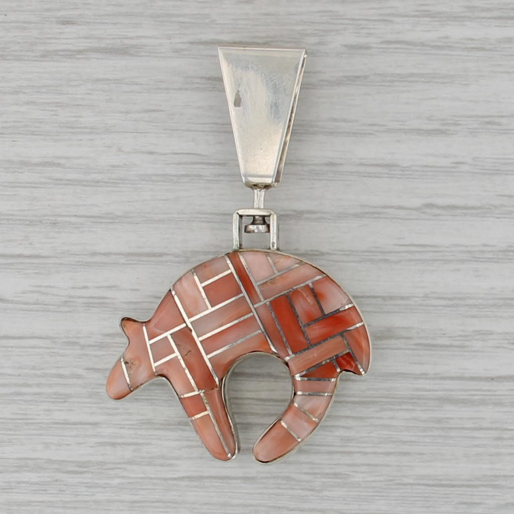 Coral Mosaic Bear Pendant Sterling Silver Native American Vintage Rerversible