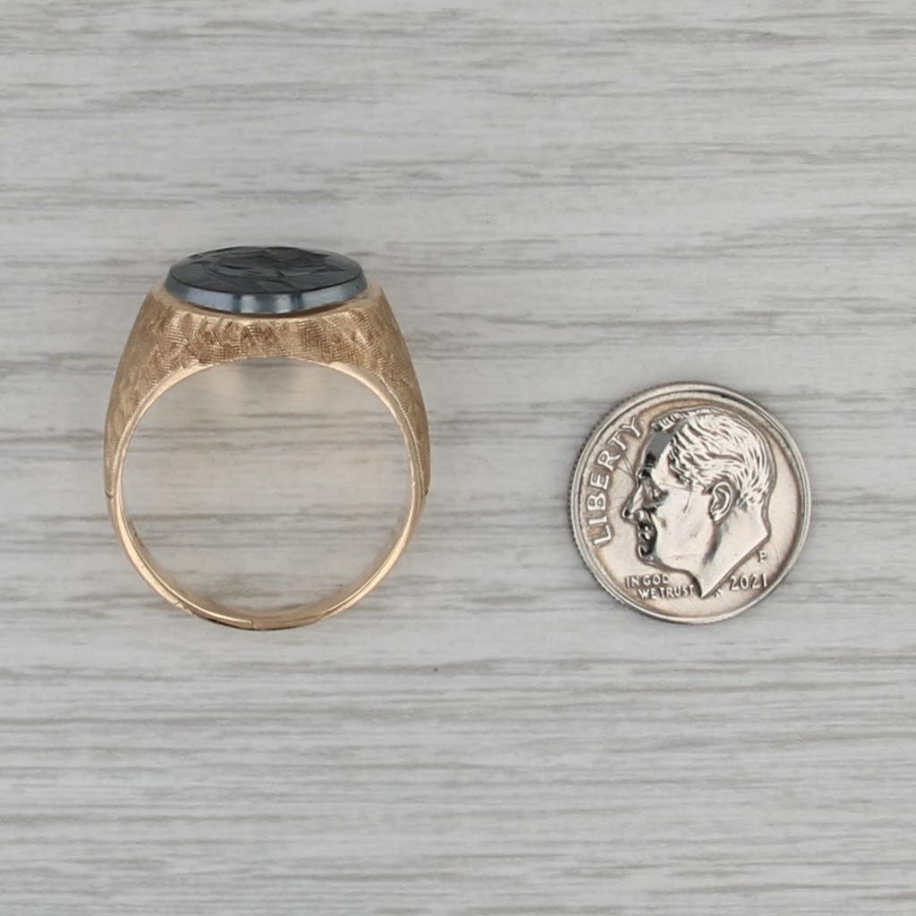 Vintage Hematite Carved Intaglio Ring 10k Yellow Gold Hammered Band Solid Back