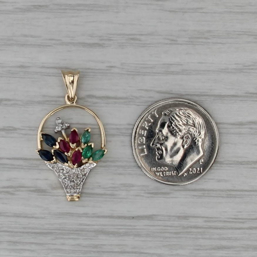 0.68ctw Flower Basket Bouquet Pendant 14k Gold Sapphire Ruby Emerald Diamond