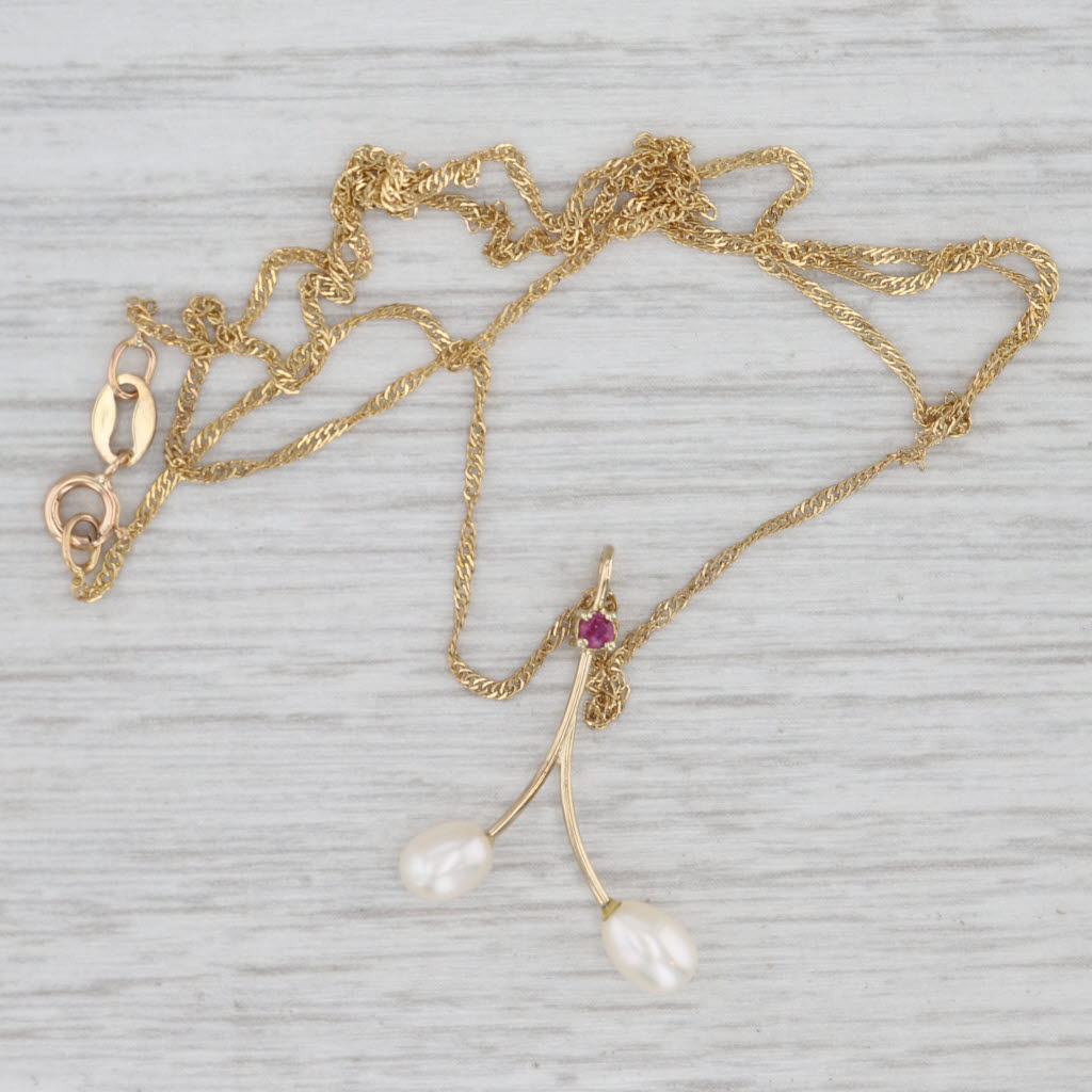 Light Gray Cultured Pearl Ruby Pendant Necklace 14k Yellow Gold 18" Singapore Chain