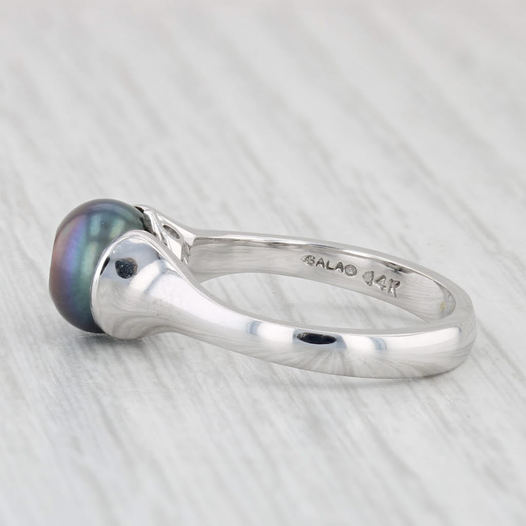 Light Gray New Galatea Cultured Black Pearl Diamond Ring 14k White Gold Size 6.25