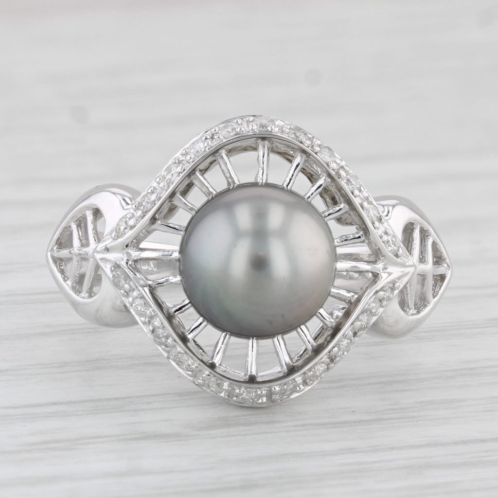 Light Gray Black Cultured Pearl 0.10ctw Diamond Ring 10k White Gold Size 8