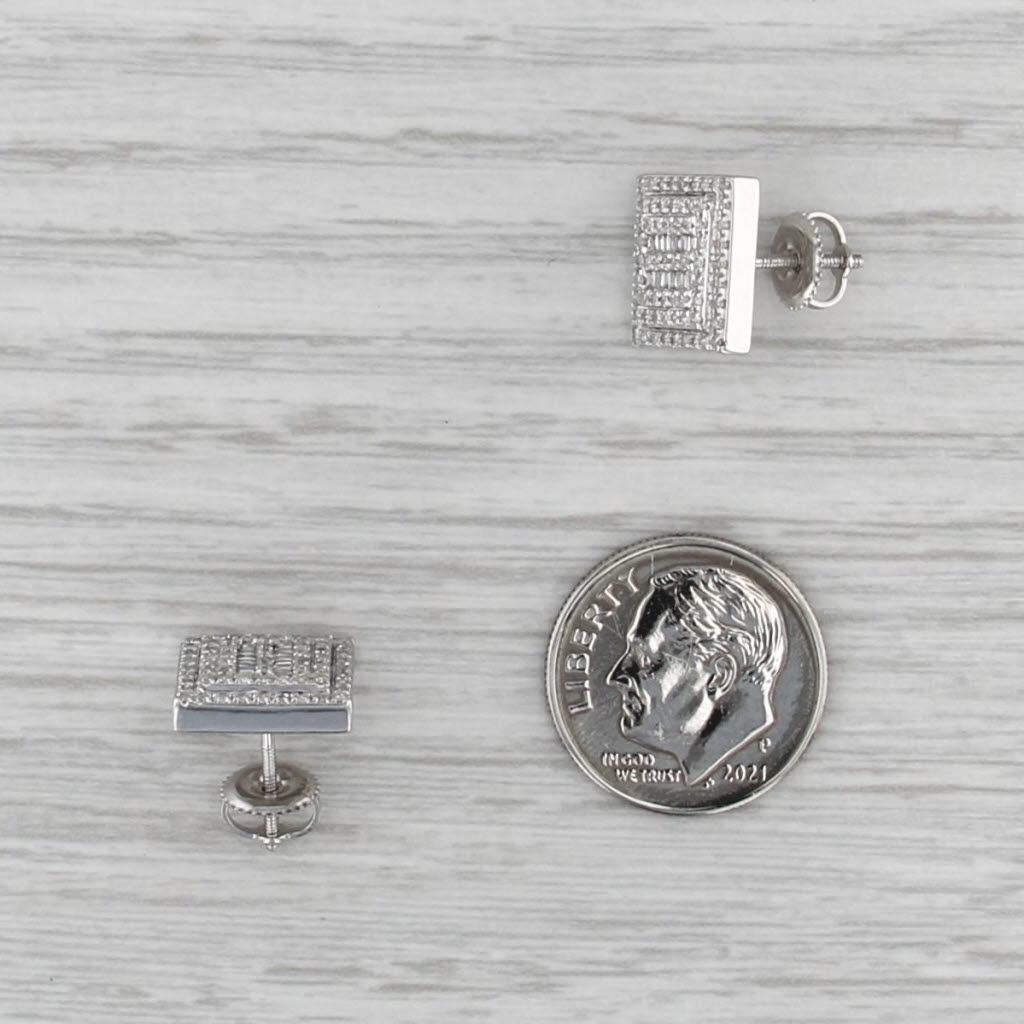 0.37ctw Pave Diamond Square Stud Earrings 14k White Gold Screw Backs Studs