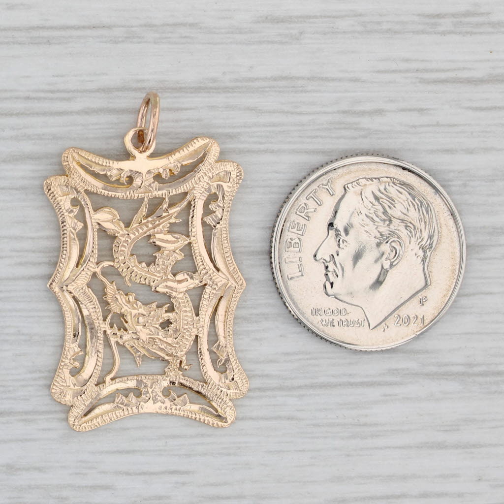 Gray Dragon Pendant 14k Yellow Gold Ornate Openwork Charm