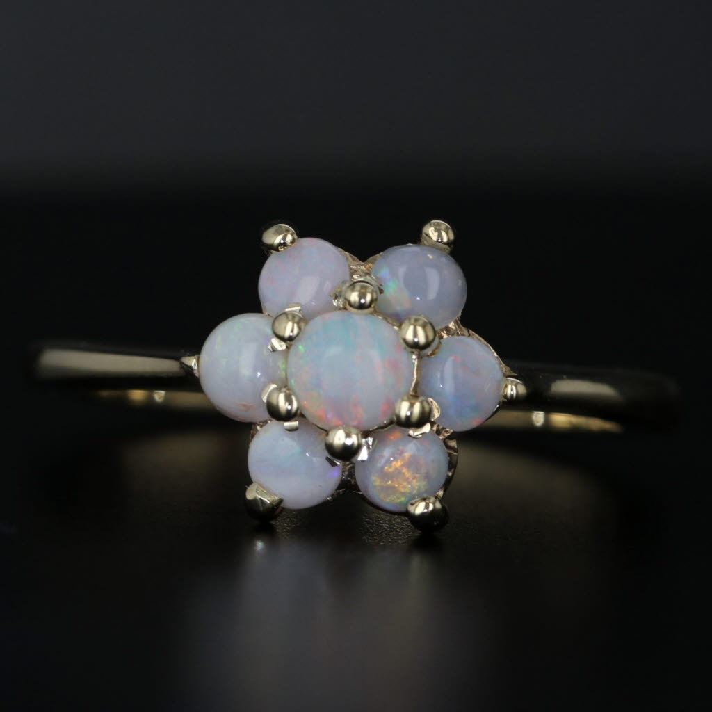Black Opal Flower Cluster Ring 10k Yellow Gold Size 6 Round Cabochons