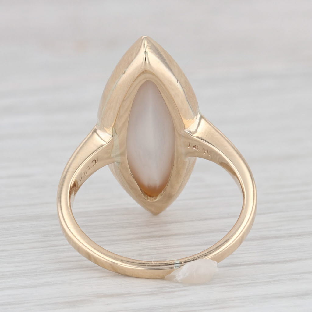 Light Gray Cellini Mother of Pearl Navette Ring 14k Yellow Gold Size 5.5 Cabochon Solitaire