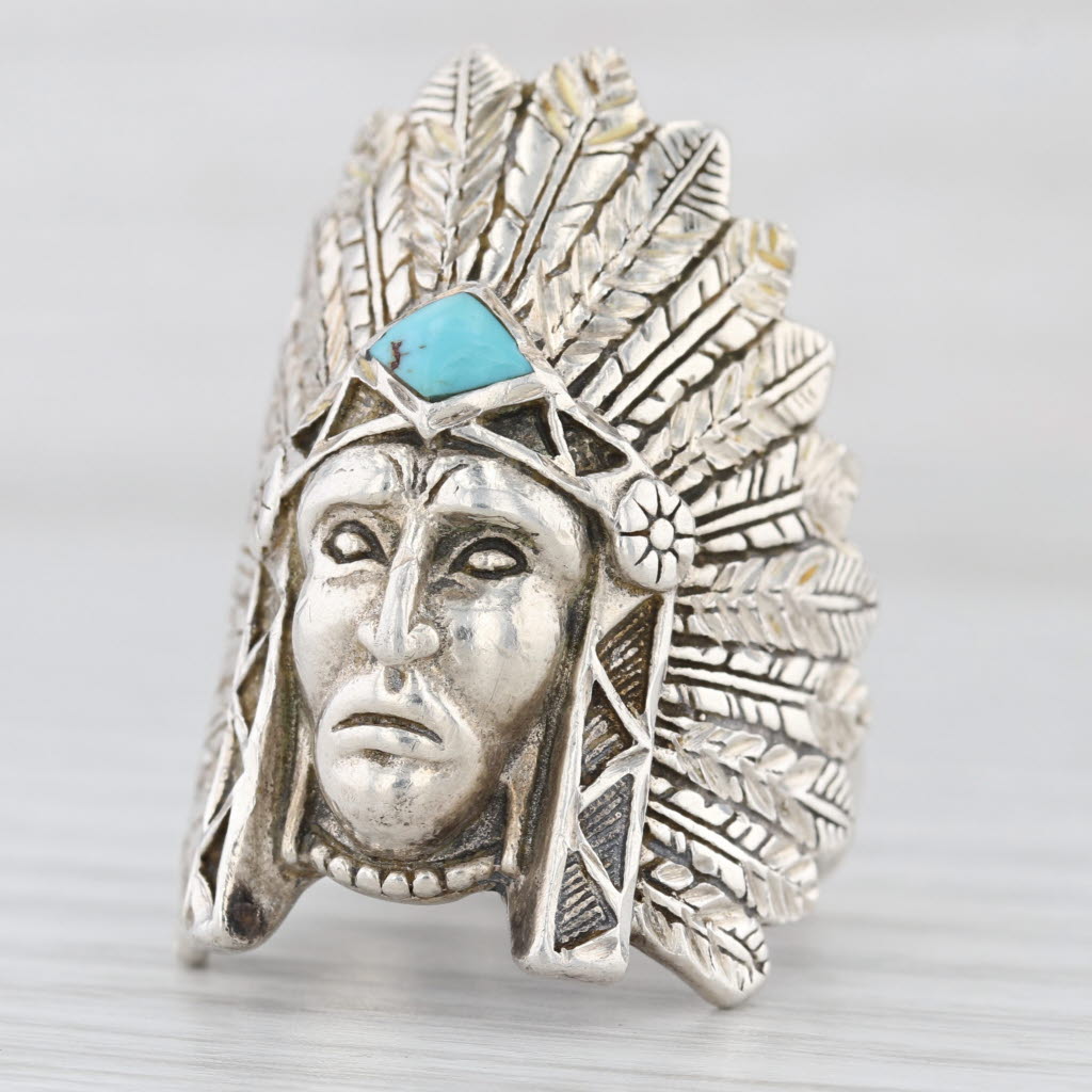Vintage Native American Chief Turquoise Ring Sterling Silver Size 10 Signed