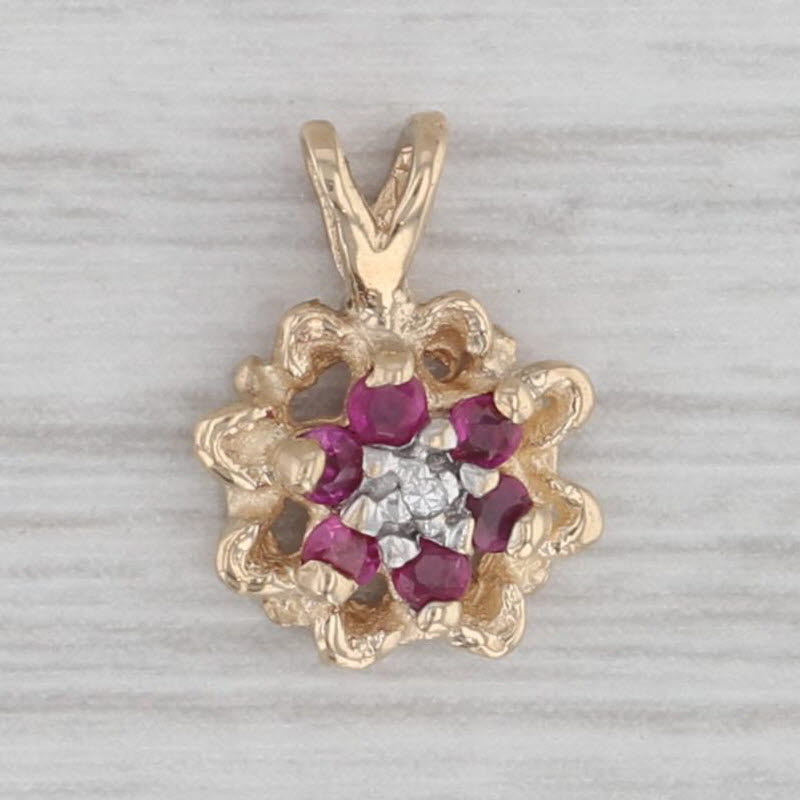 Gray 0.12ctw Ruby Diamond Flower Pendant 10k Yellow Gold Small Floral Drop