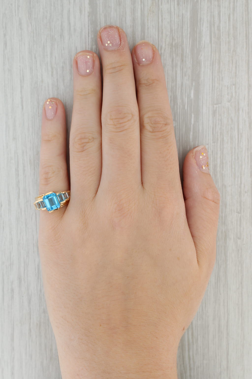 Dark Gray 4.30ctw Blue White Tiered Topaz Ring 14k Yellow Gold Size 7