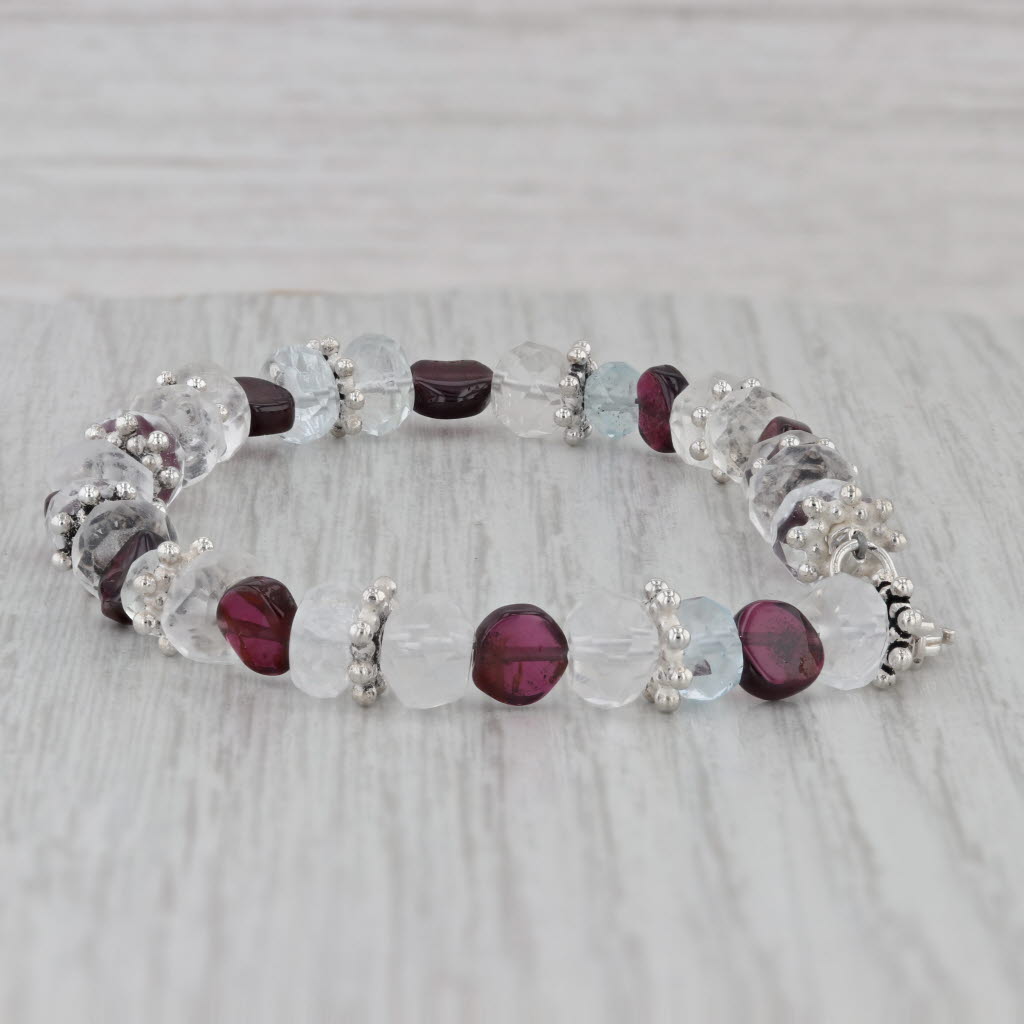 Gray Aquamarine Topaz Crystal Quartz Garnet Gemstone Bead Bracelet Sterling Silver