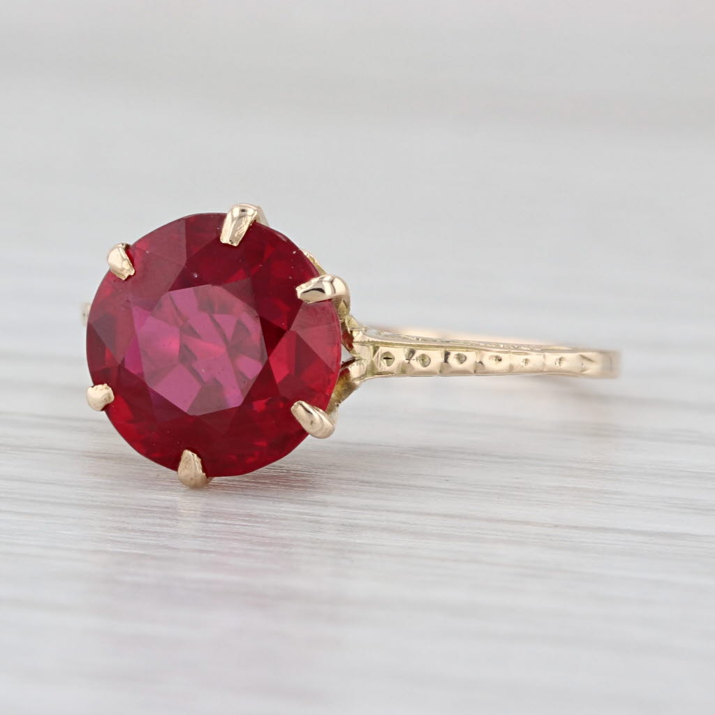 Vintage 3.90ct Lab Created Ruby Ring 10k Yellow Gold Size 8.5 Round Solitaire