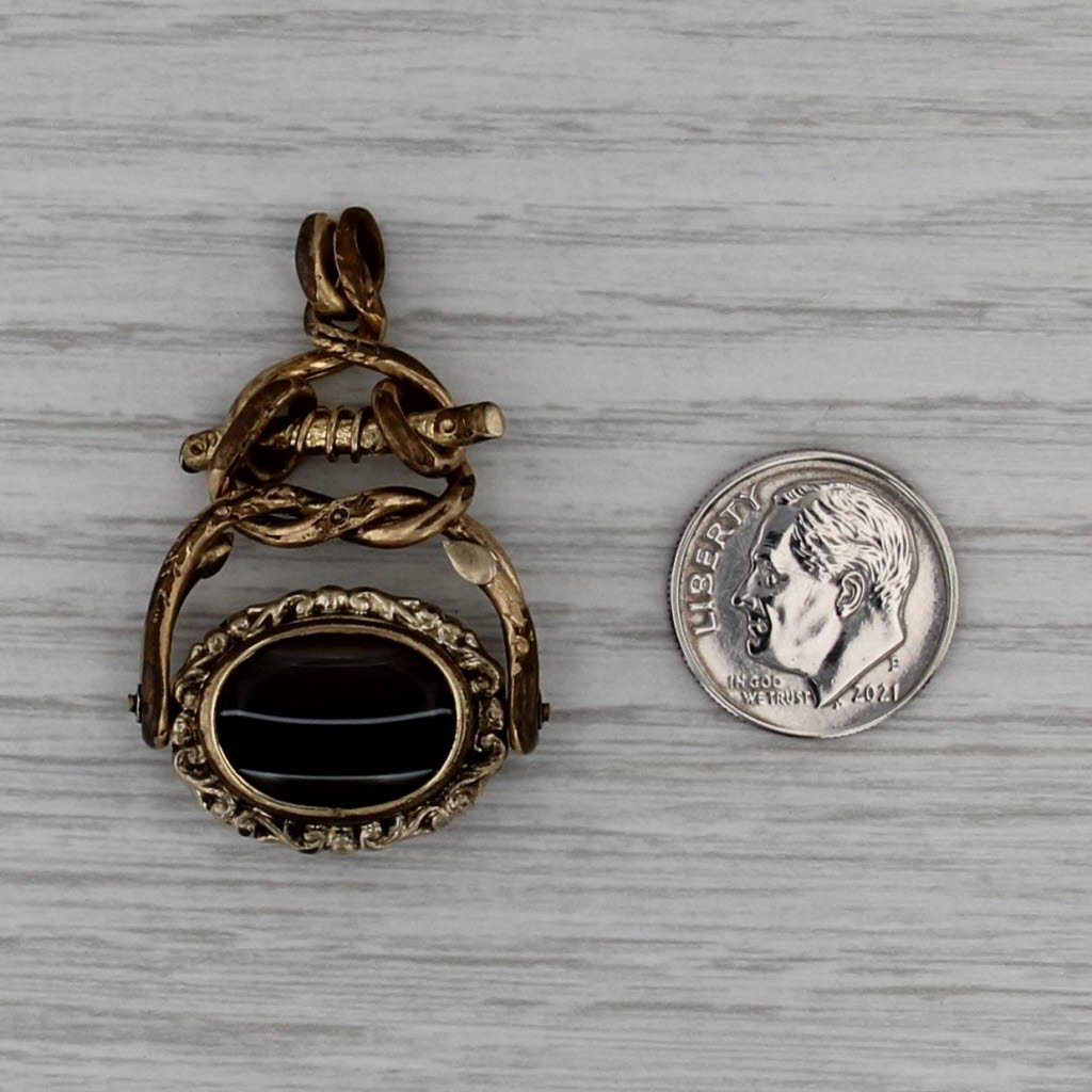 Antique Chalcedony Agate Watch Fob Gold Filled Pendant Spins