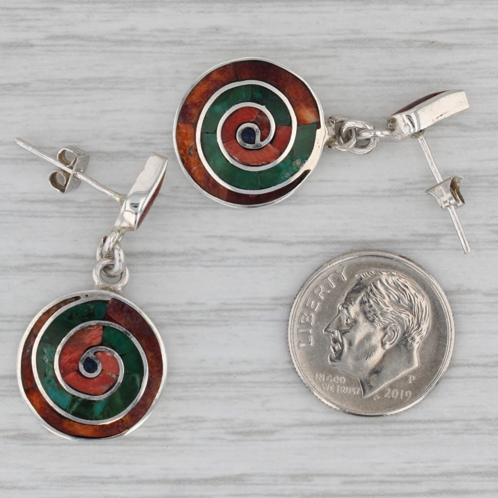 Gray Pachamama Colorful Mosaic Swirl Dangle Earrings 950 Silver Pierced Drops