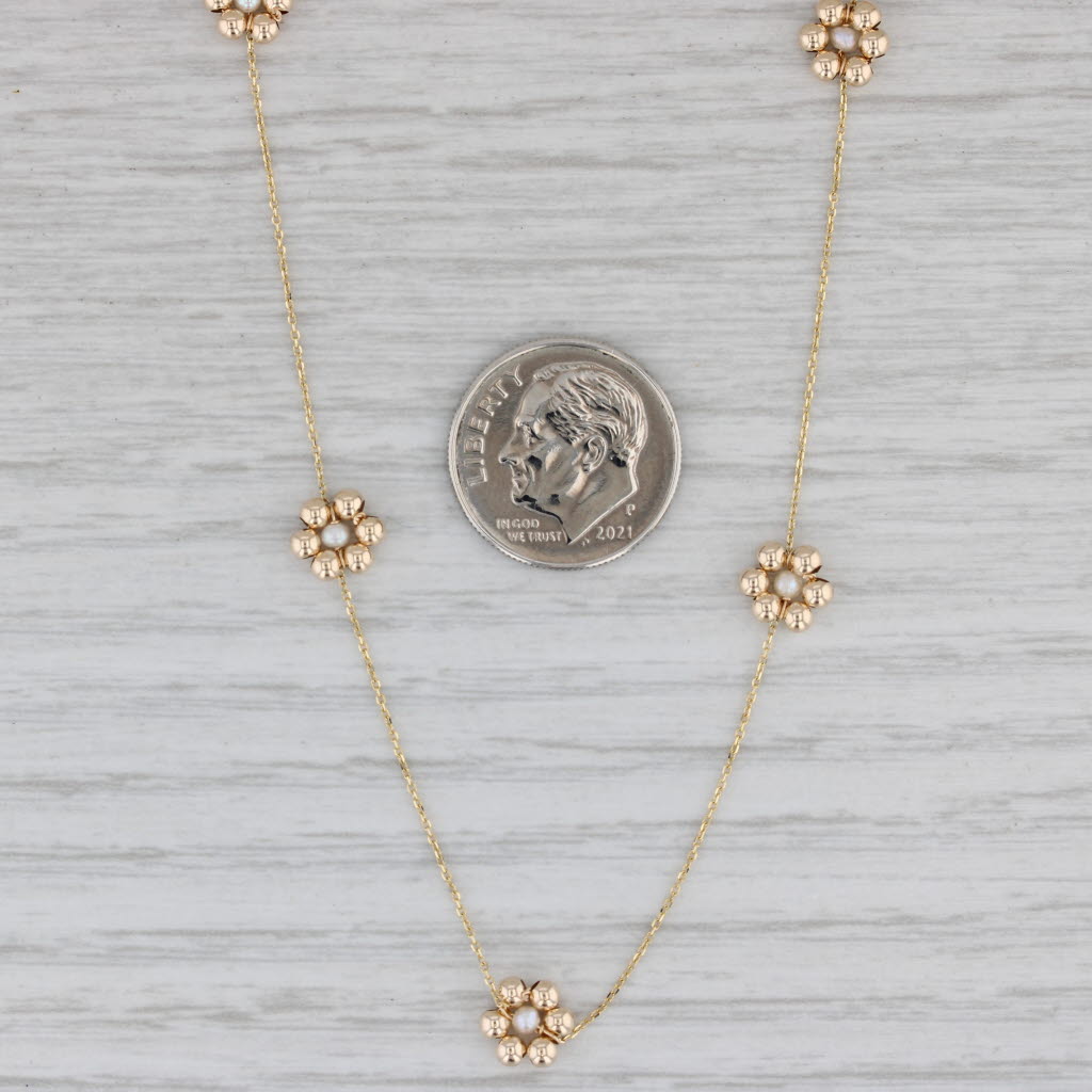 Gray Pearl Flower Station Necklace 14k Yellow Gold 17.5" Cable Chain