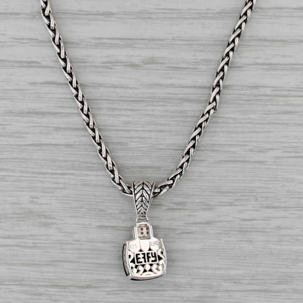 Effy Onyx Diamond Pendant Wheat Chain Necklace Sterling Silver 18"