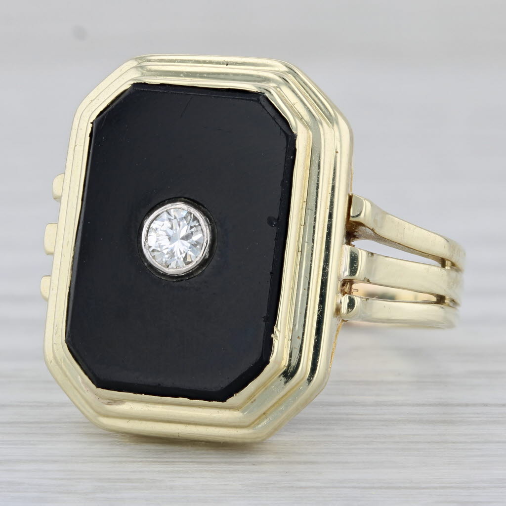 Gray Onyx Diamond Signet Ring 14k Yellow Gold Vintage Size 11.75