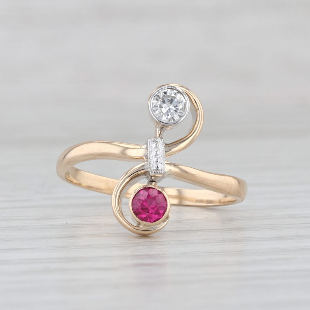 Lab Created Ruby Diamond Bypass Ring 14k Yellow Gold Size 7.25