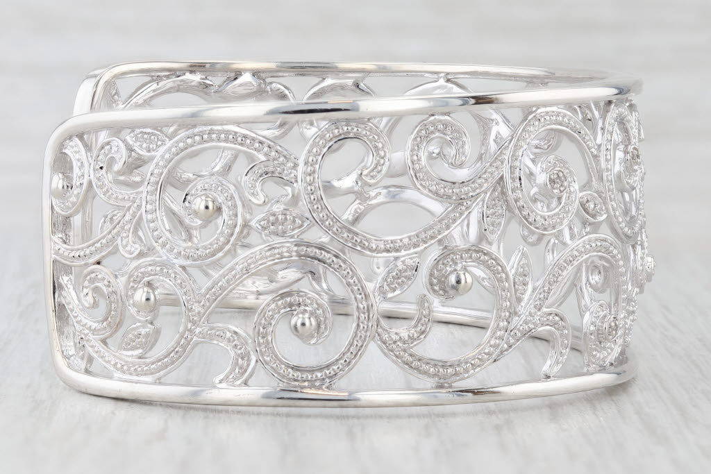 Light Gray Diamond Ornate Openwork Cuff Bracelet Sterling Silver 7" 25.8mm Statement