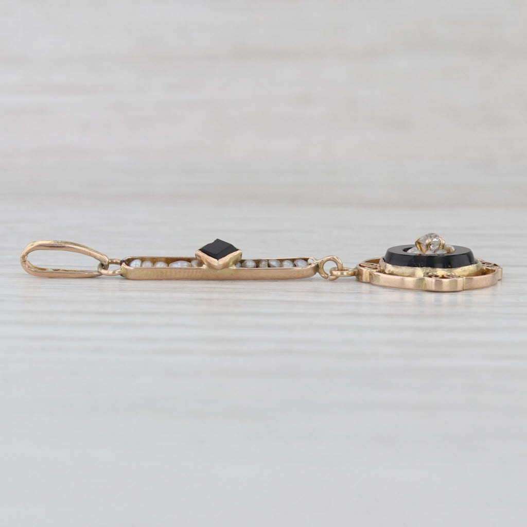 Onyx Pearl Diamond Vintage Lavalier Pendant 10k Yellow Gold Filigree Drop