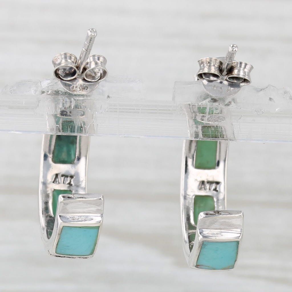 Light Gray Imitation Turquoise Hoop Earrings Sterling Silver Round Hoops Inlayed Mosaic