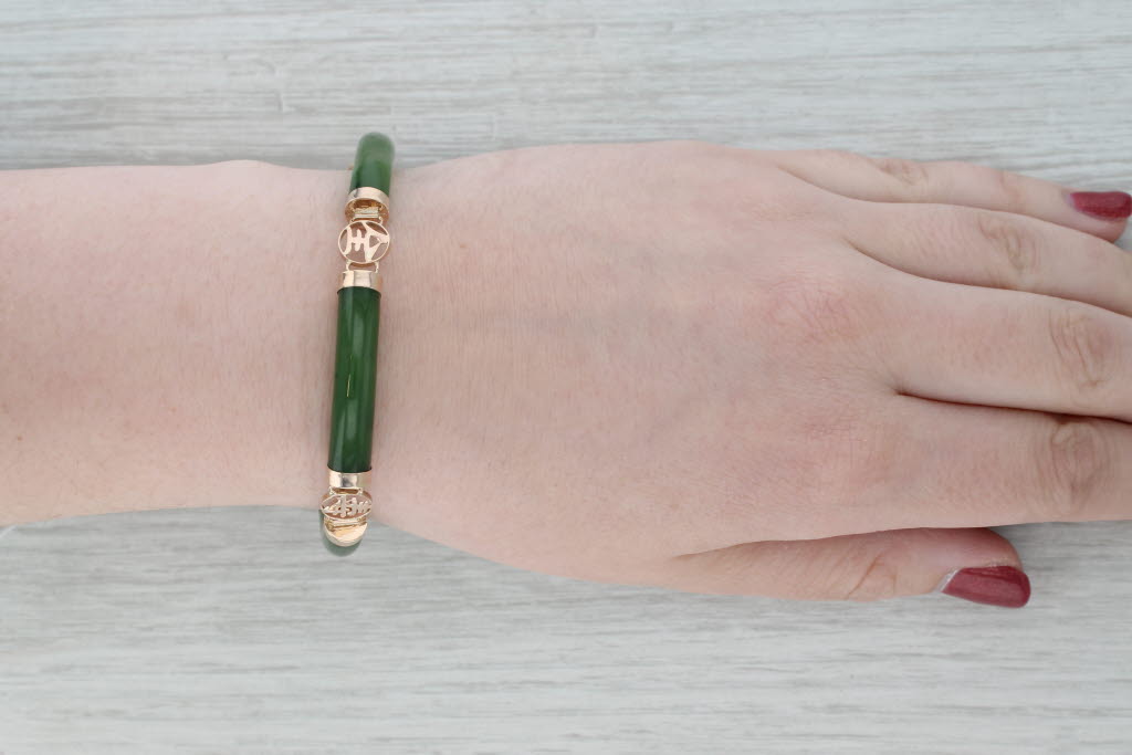 Gray Nephrite Jade Chinese Character Bracelet 14k Yellow Gold 6 3/4" 7.3mm