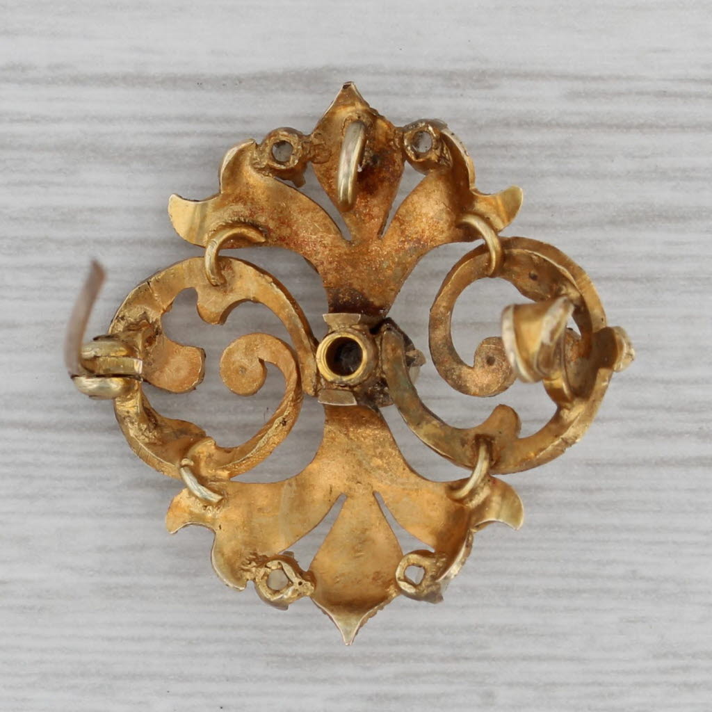 Gray Antique Floral Pearl Brooch Pendant 10k Yellow Gold Ornate Pin