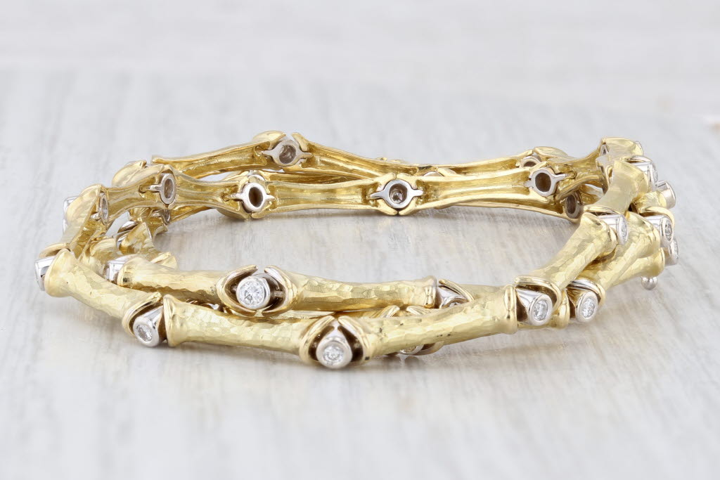 Light Gray Vintage 0.70ctw Diamond Bamboo Link Bracelet 18k Yellow Gold 6.5"