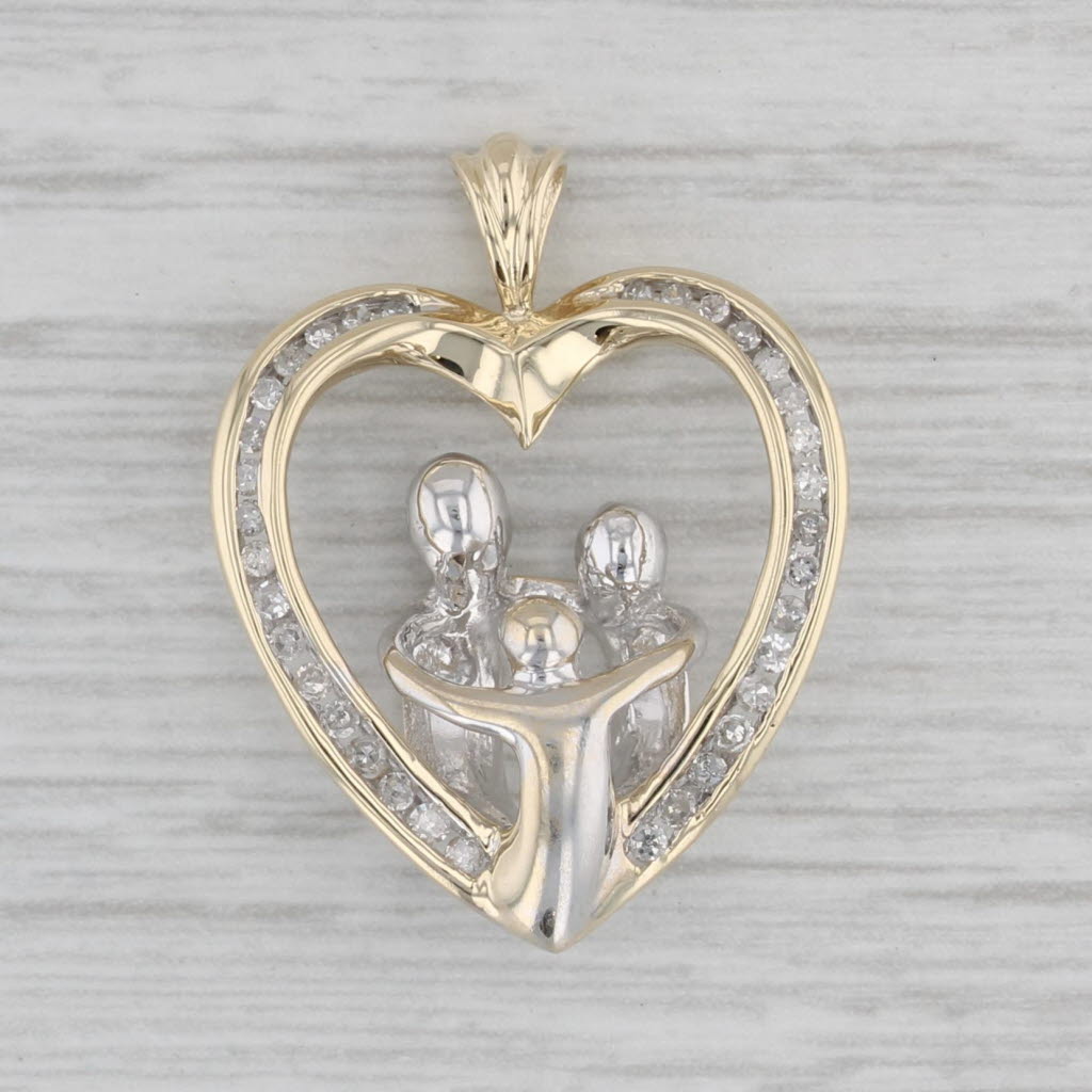 Gray 0.15ctw Diamond Family Heart Pendant 10k Yellow White Gold Parents & Child