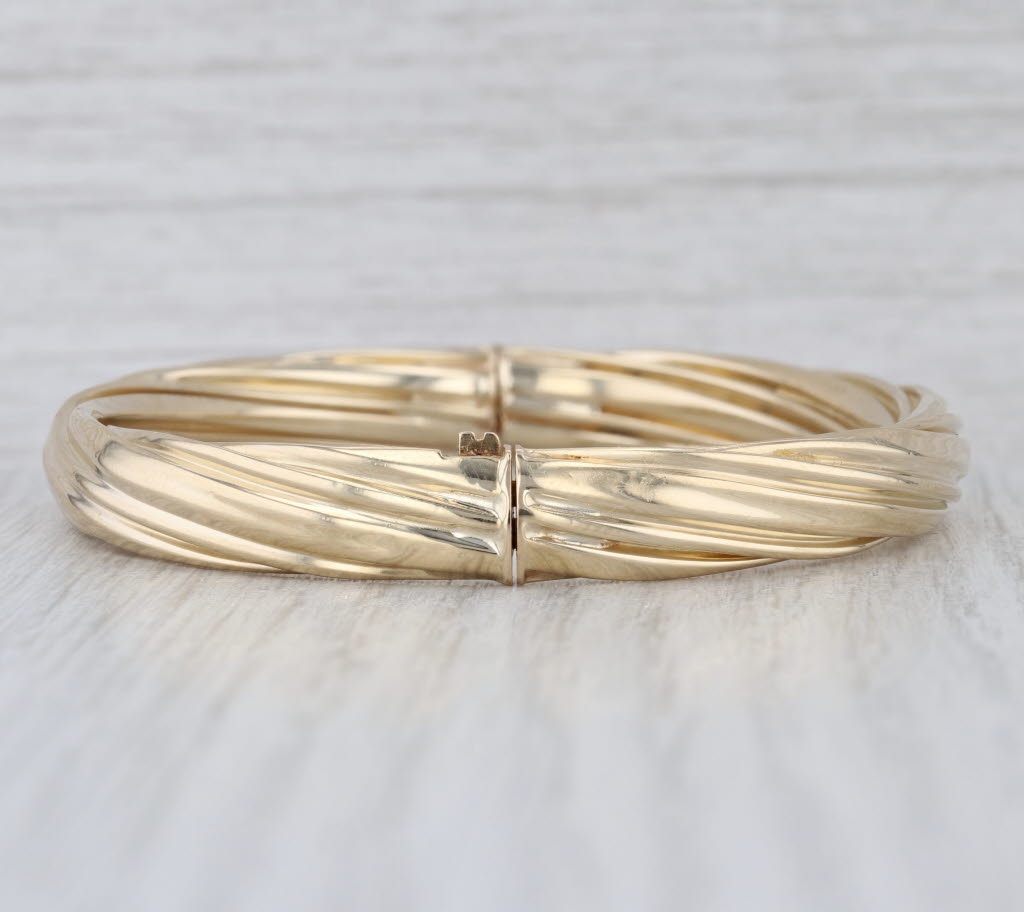 Twist Pattern Bangle Bracelet 14k Yellow Gold 7" 8mm Hinged Snap Clasp