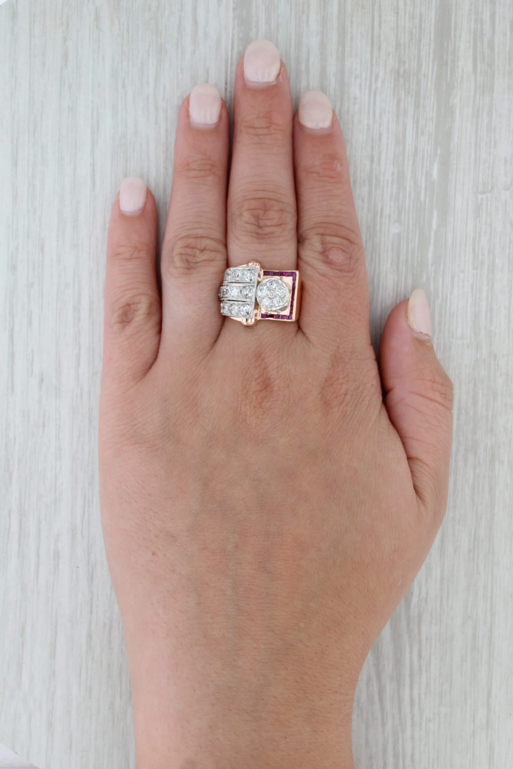 Retro 1.40ctw Diamond Ruby Ring 14k Rose Gold Palladium Cocktail Size 8