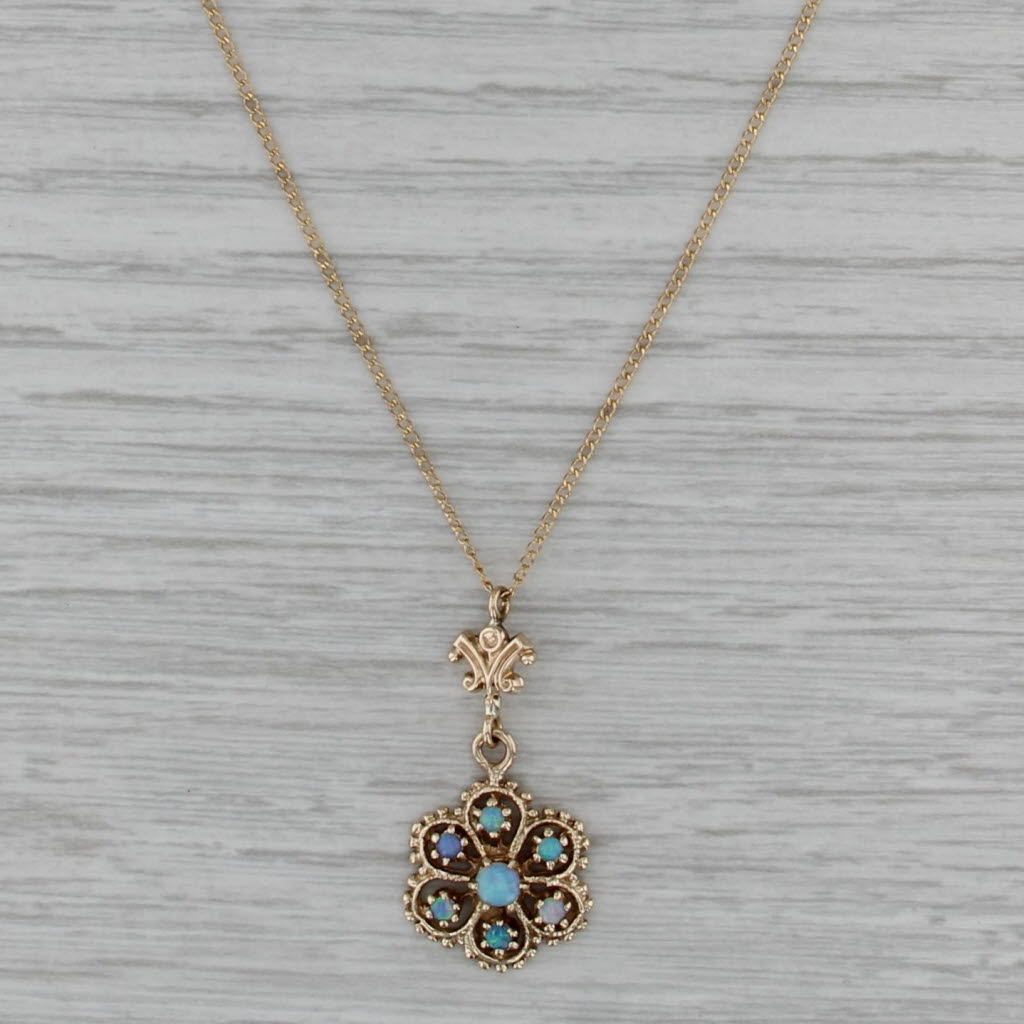 Vintage Opal Flower Pendant Necklace 14k Gold 18" Curb Chain