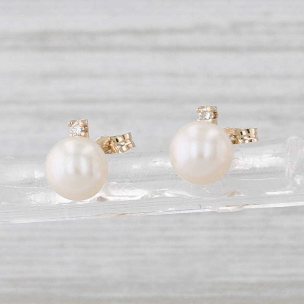 Cultured Pearl Diamond Stud Earrings 14k Yellow Gold Studs