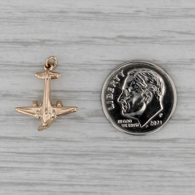 Small Airplane Charm 14k Yellow Gold Propeller Spins 3D Pendant
