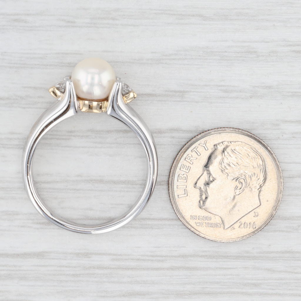 Light Gray Cultured Pearl Diamond Ring 14k White Yellow Gold Size 7.25