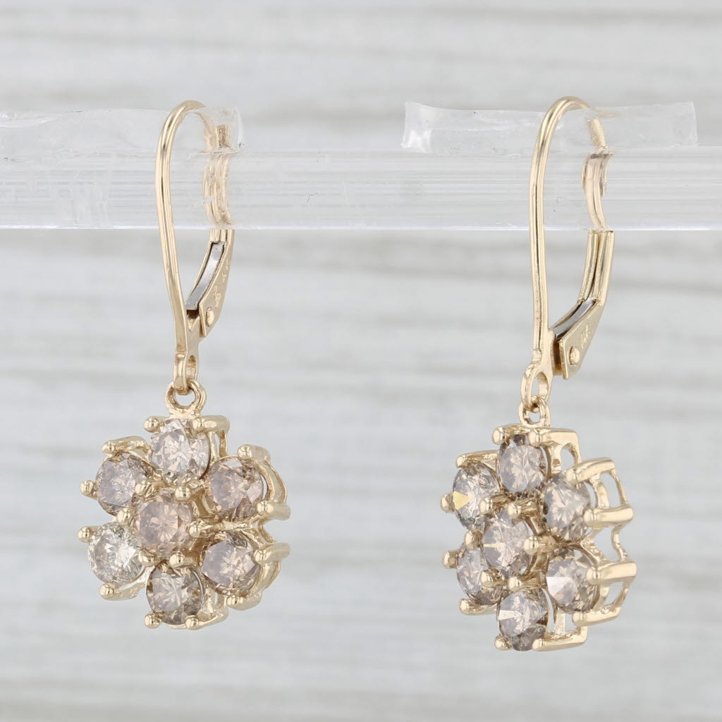 Light Gray 1.80ctw Champagne Diamond Flower Dangle Earrings 14k Yellow Gold