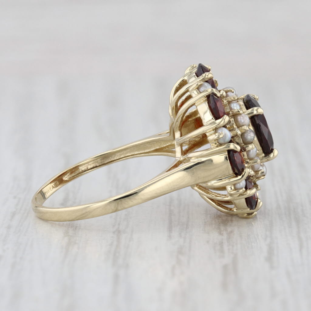 6.50ctw Garnet Seed Pearl Flower Ring 14k Yellow Gold Size 8.5 Cocktail