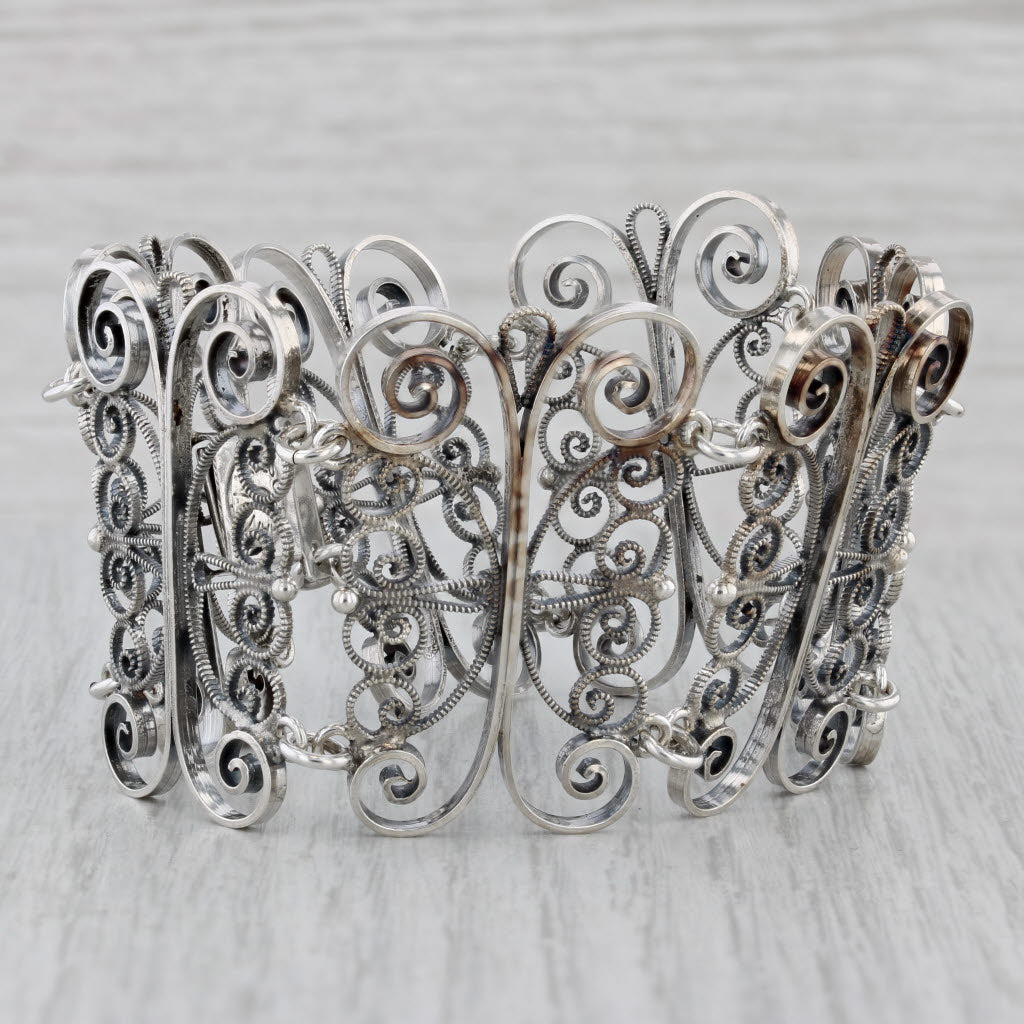 Gray Vintage Handmade Ornate Filigree Links Bracelet 830 Silver 7.25" Statement
