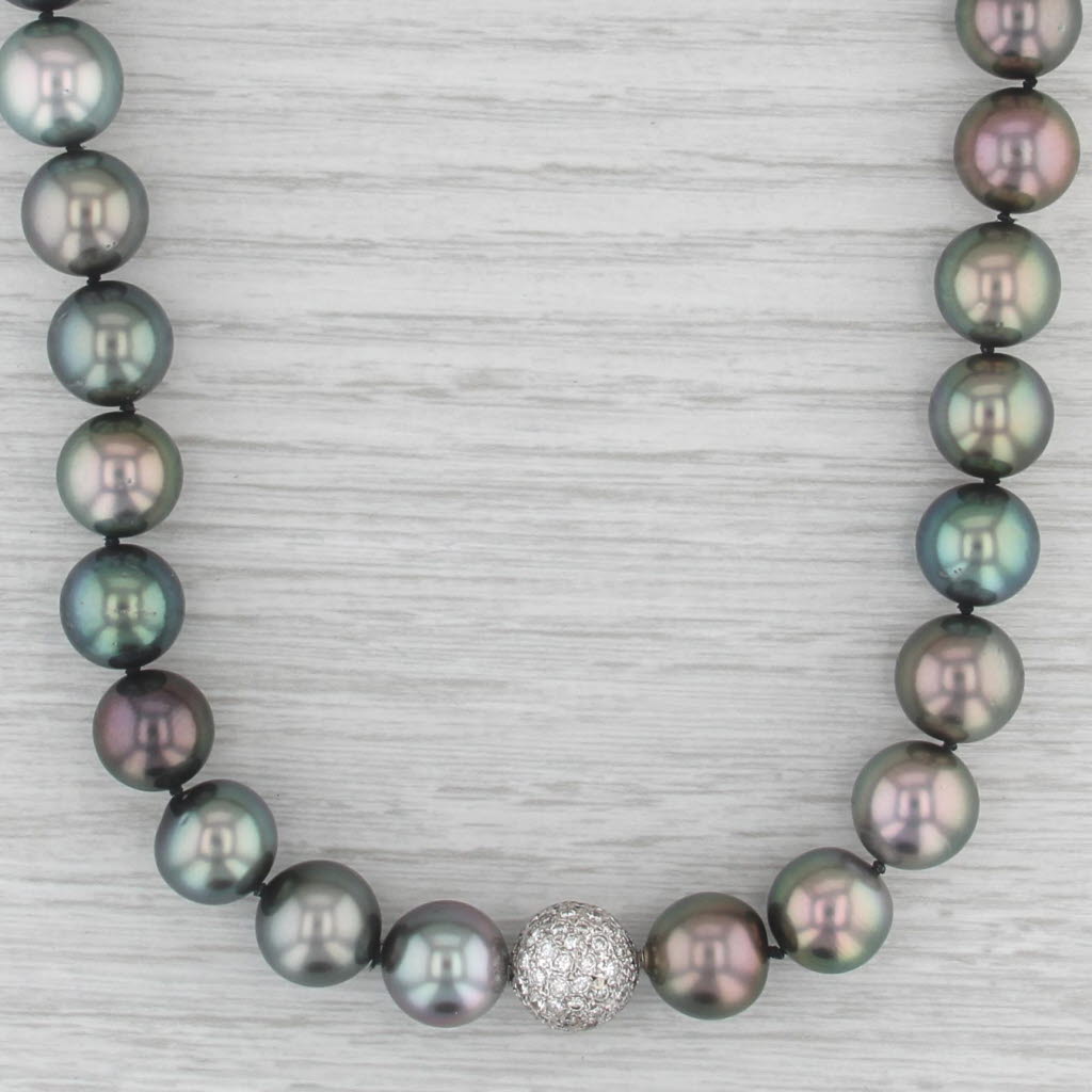 1.70ctw Pave Diamond Bead Clasp Black Cultured Pearl Strand Necklace 14k Gold