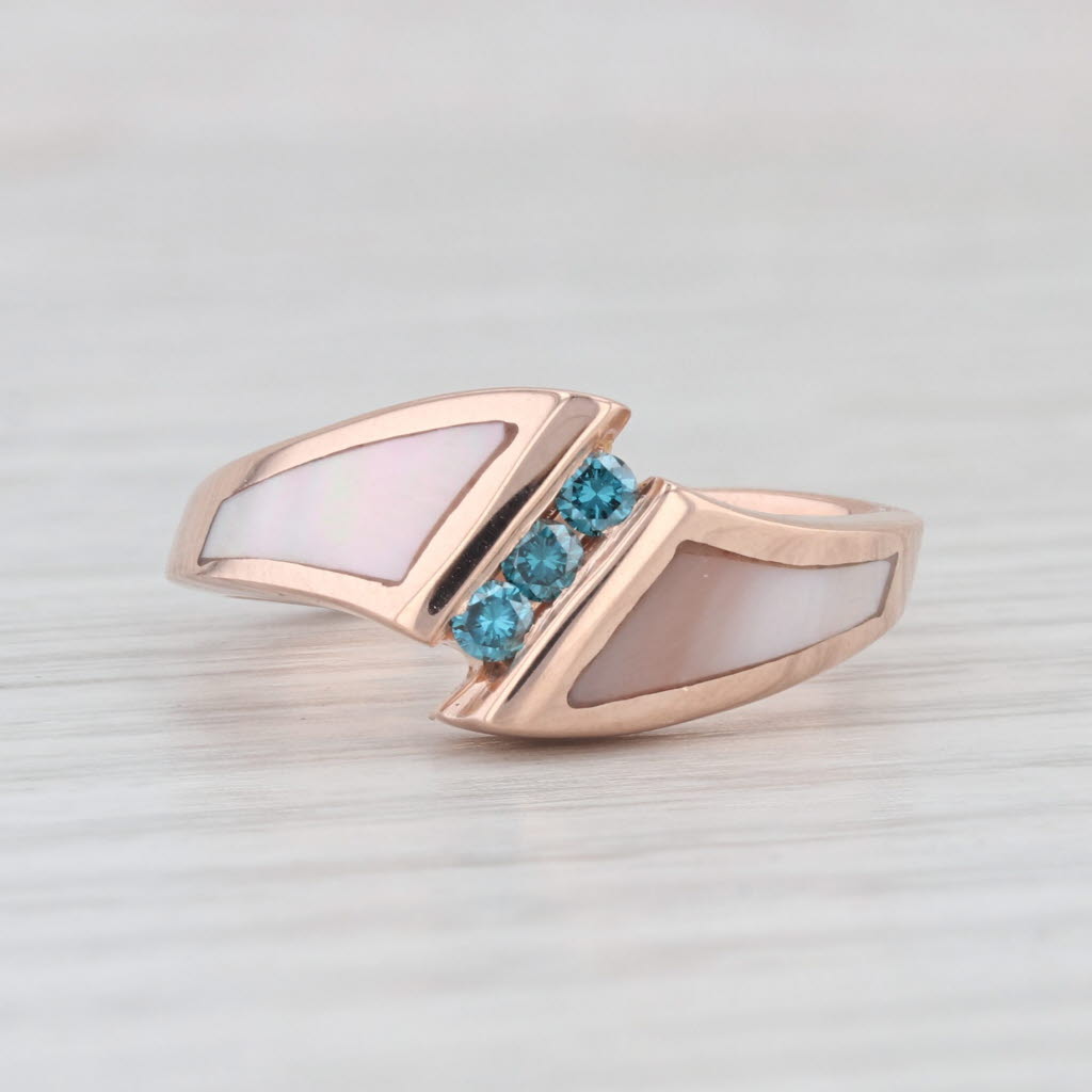 Light Gray Mother of Pearl Blue Diamond Bypass Ring 14k Rose Gold Size 6.5