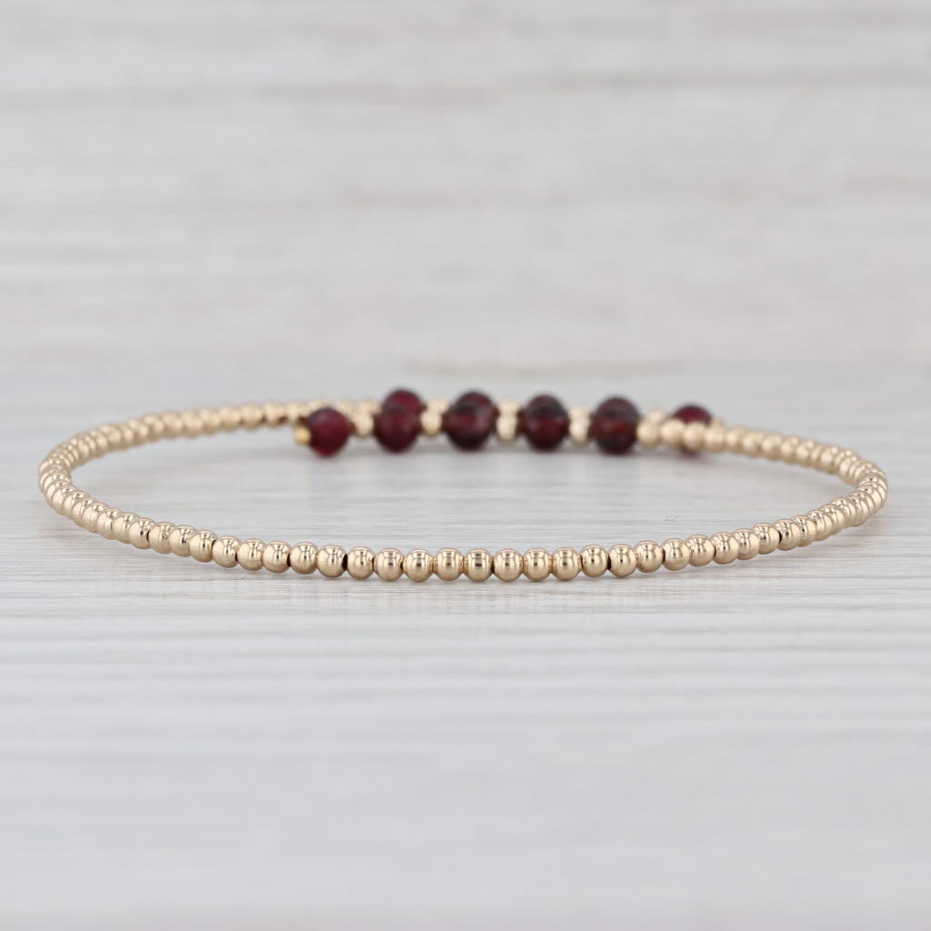 Garnet Bead Bypass Bangle Bracelet 14k Yellow Gold 6.5" Adjustable