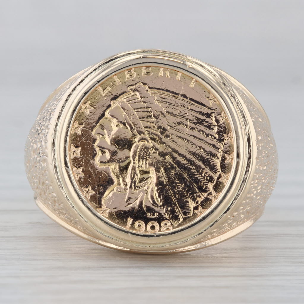 Gray Authentic 1908 American Eagle Indian Head Coin Ring 14k 900 Gold 2.50 USD Sz 13