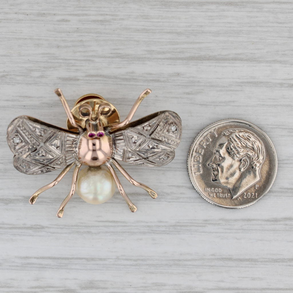 Gray Vintage Flying Insect Bug Brooch 14k Gold Pearl Lab Created Ruby Pin