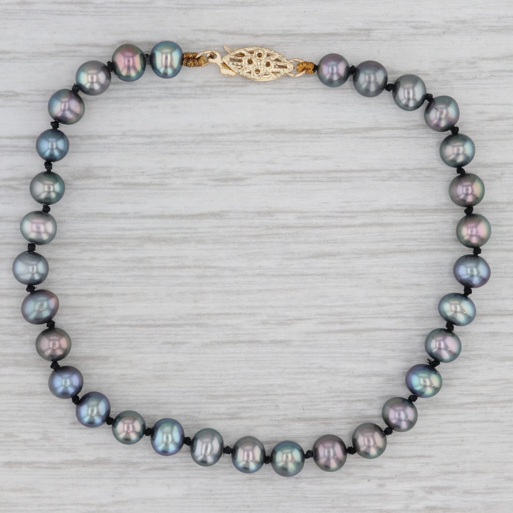 Gray Black Cultured Pearl Single Strand Bracelet 14k Yellow Gold 7.25"
