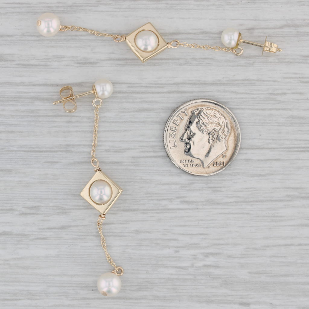 Gray Cultured Pearl Drop Earrings 14k Yellow Gold Drops 3-Stone Drop