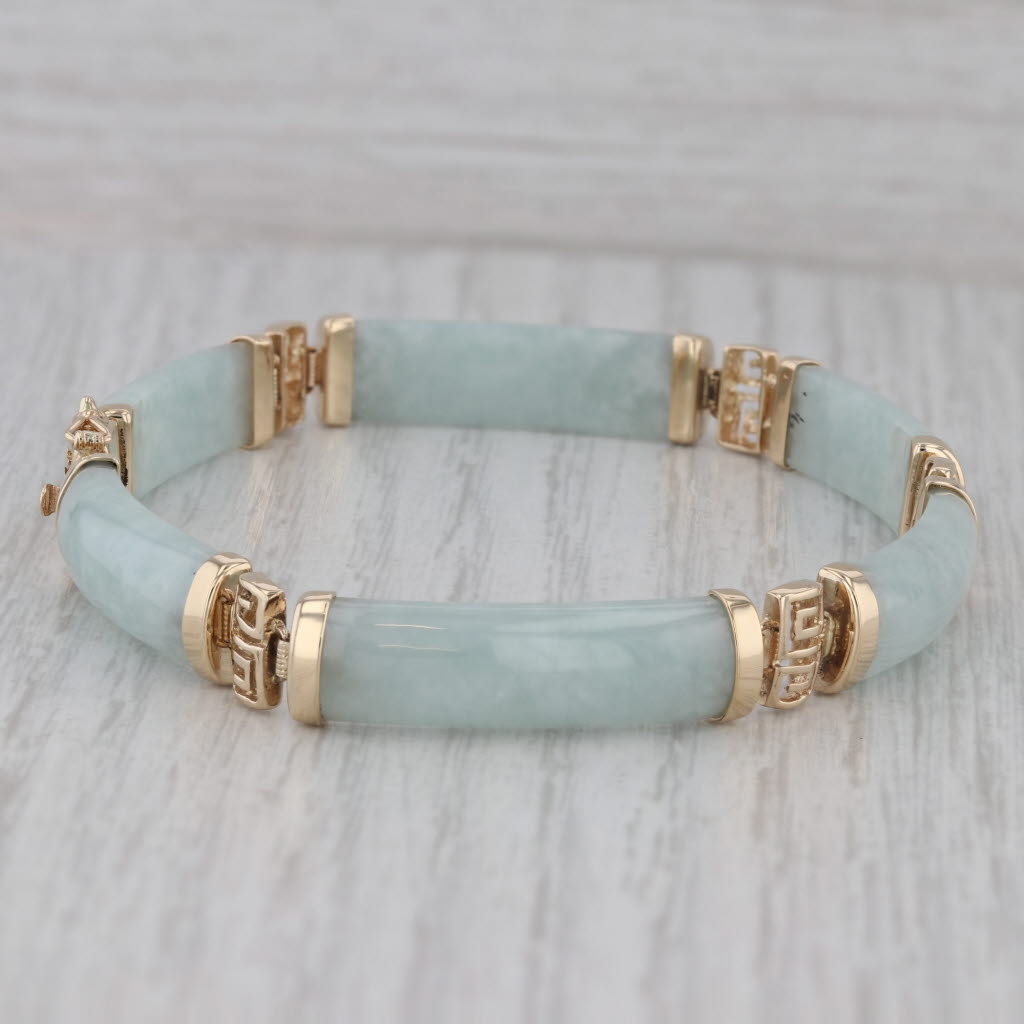 Gray Green Jadeite Jade Chinese Calligraphy Link Bracelet 14k Yellow Gold 7.75"