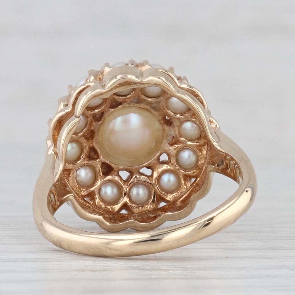 Vintage Cultured Pearl Halo Ring 14k Yellow Gold Size 7 Cocktail