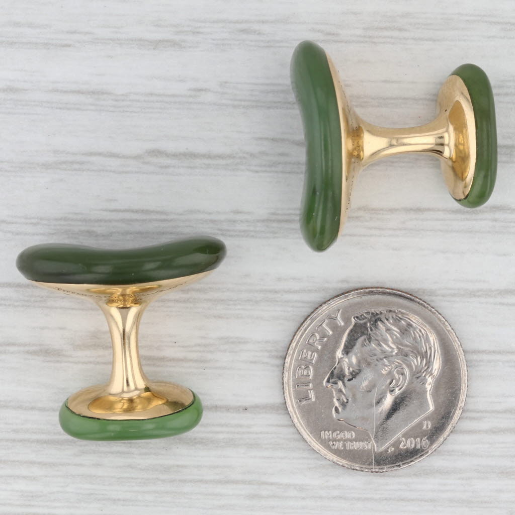 Tiffany Elsa Peretti Nephrite Jade Carved Bean Cufflinks w/ Pouch 18k Gold