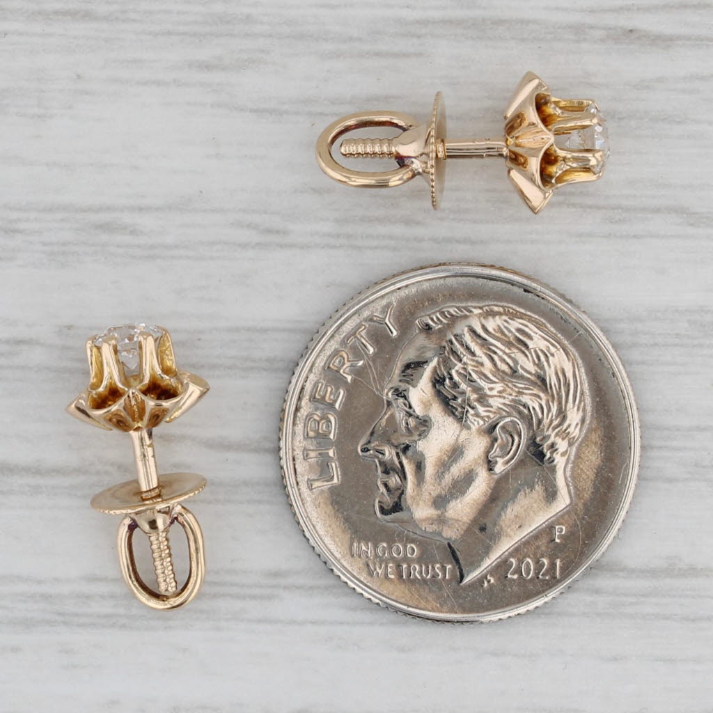 Gray Antique Diamond Buttercup Stud Earrings 14k Yellow Gold Screw On Pierced