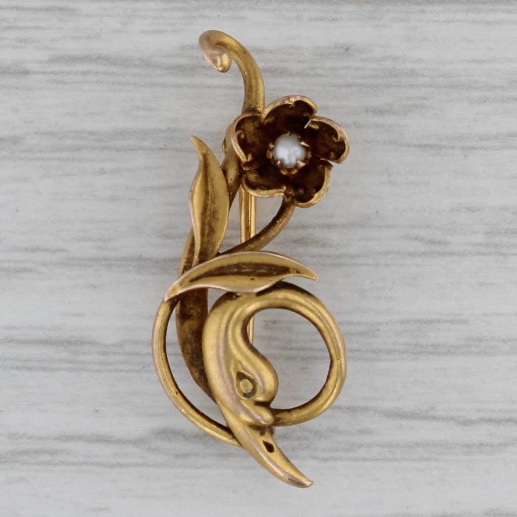 Gray Art Nouveau Pearl Flower Pin 10k 14k Yellow Gold Antique Brooch