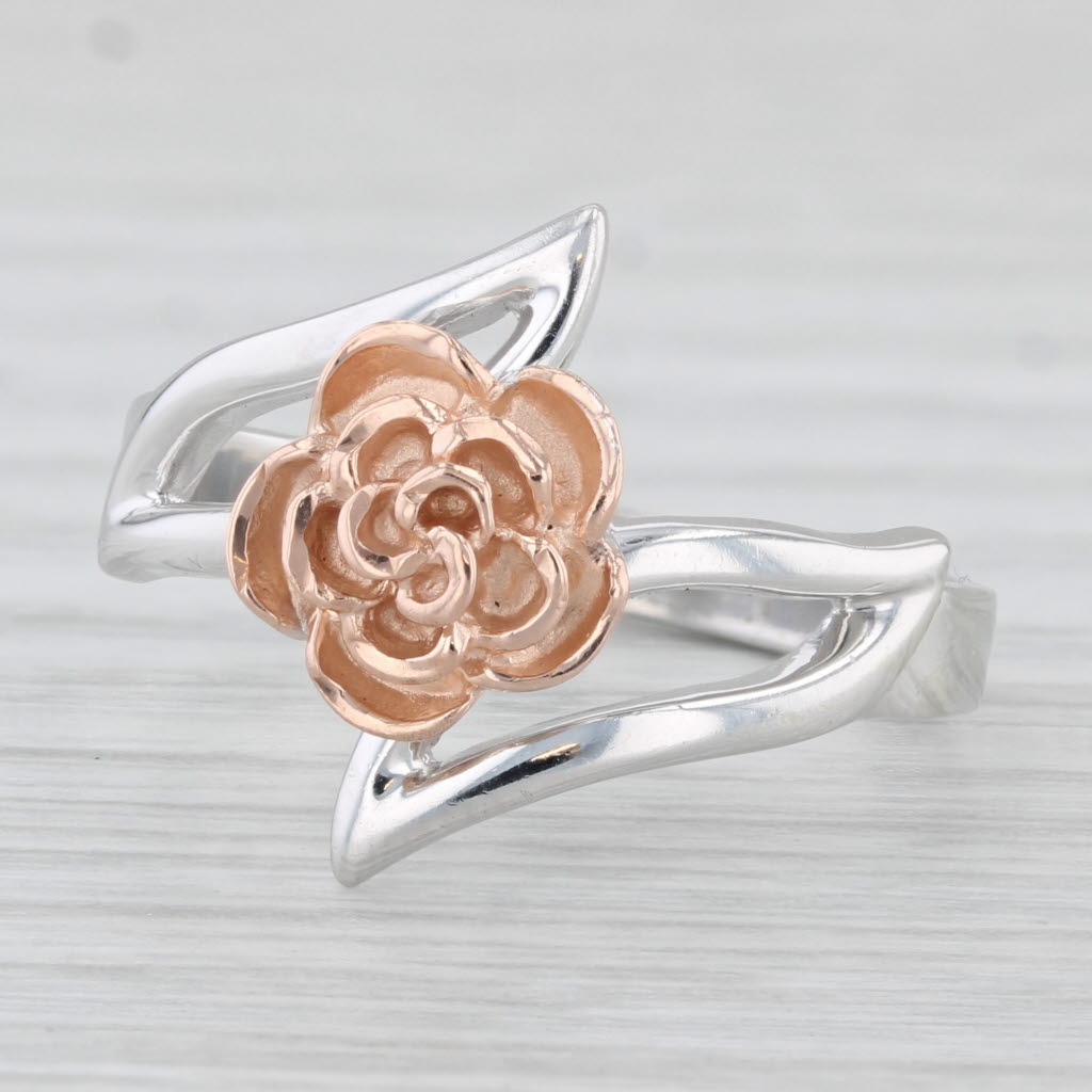 Light Gray Rose Bypass Flower Ring 10k Rose White Gold Size 7.75 - 8